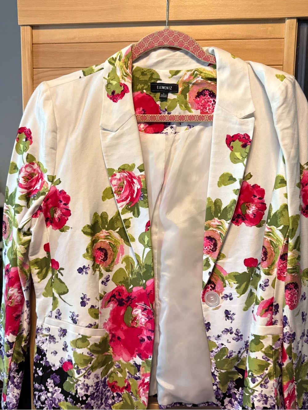 Elementz White Floral Blazer with Pink & Green Roses